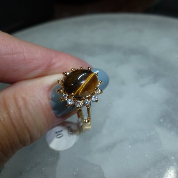 18k Gold EP Tiger's Eye Swarovski Crystal Dolphin Ore Ring Size 10 - Picture 10 of 10